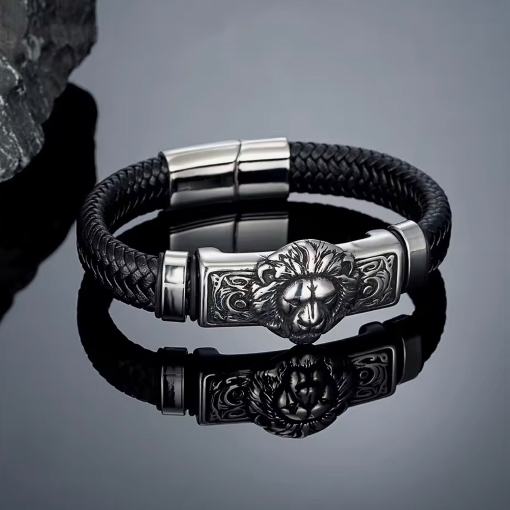 Black Braided Leather Stainless Steel Lion Head Bracelet